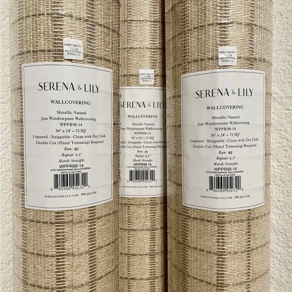 NEW 3 rolls Serena & Lily Jute Windowpane Wallcovering-Metallic Natural